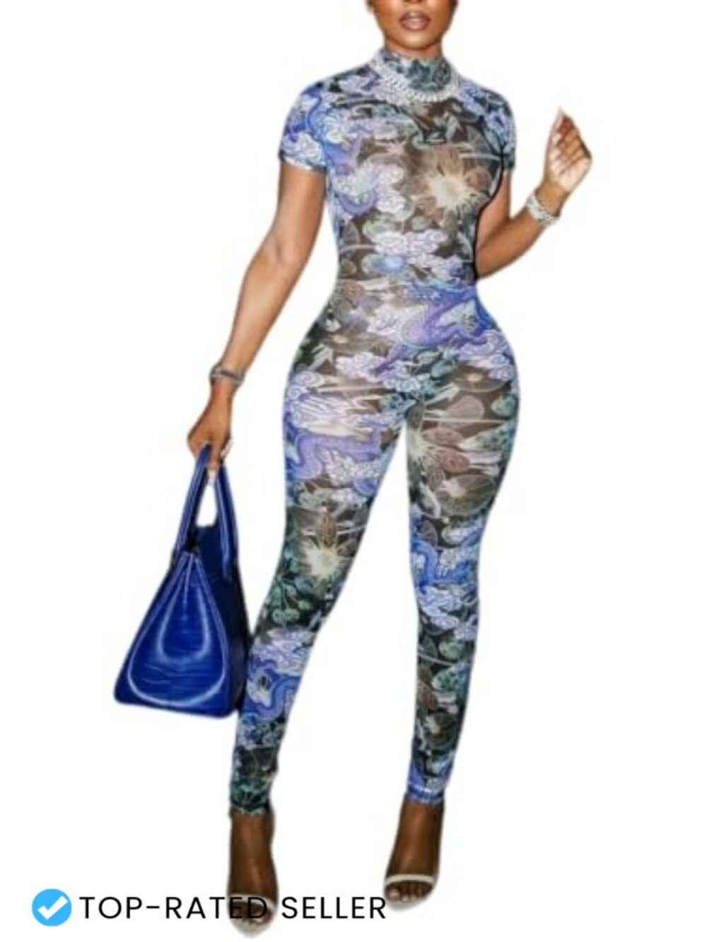 Sheer Mesh Jumpsuit Sexy High Neck Slim Fit Catsuit Tattoo Print Clubwear